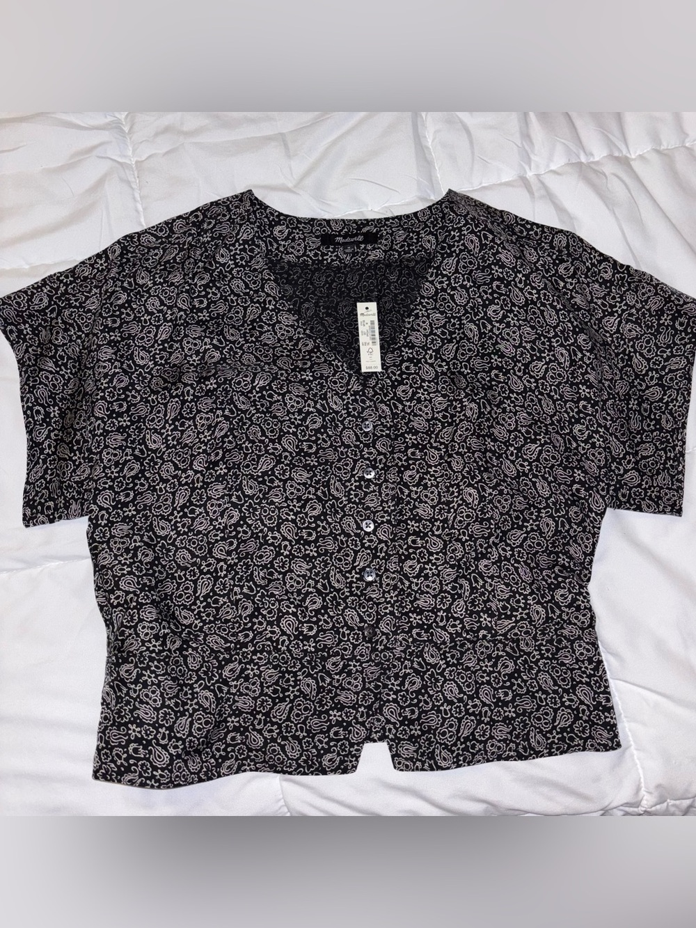 Madewell Button-Front Short Sleeve Blouse- Black/White
